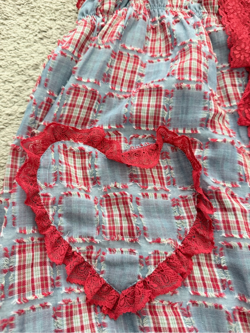 Blue & Red Check Ruffle Mini Dress with Heart Pockets - Picture 3 of 3